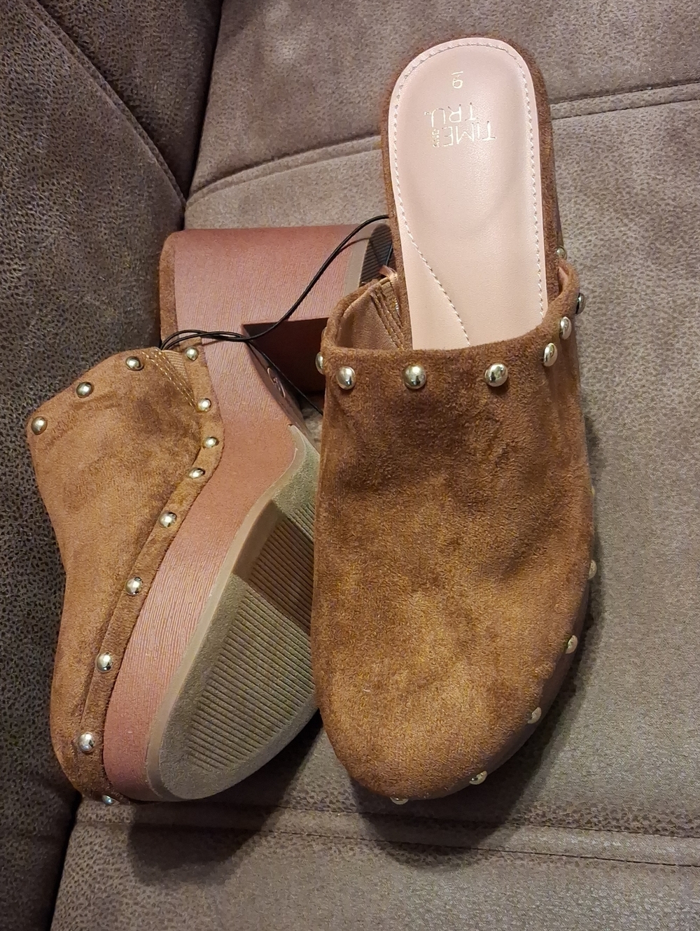 Time and Tru Brown Faux Suede Studded Clog Mules Size 9